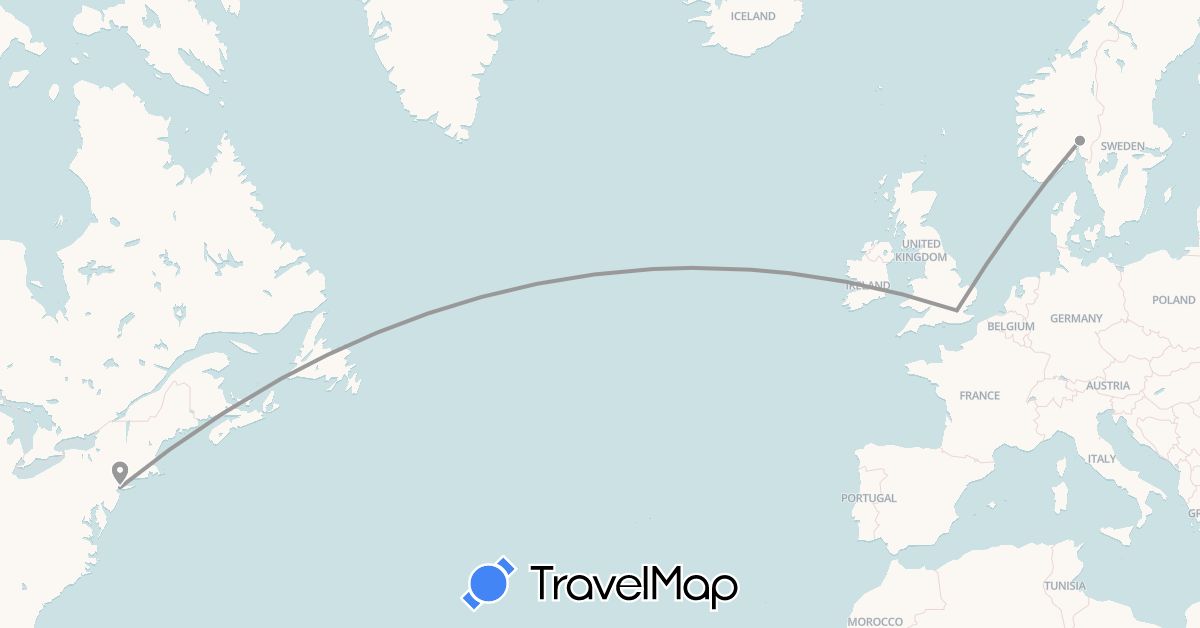 TravelMap itinerary: plane in United Kingdom, Norway, United States (Europe, North America)